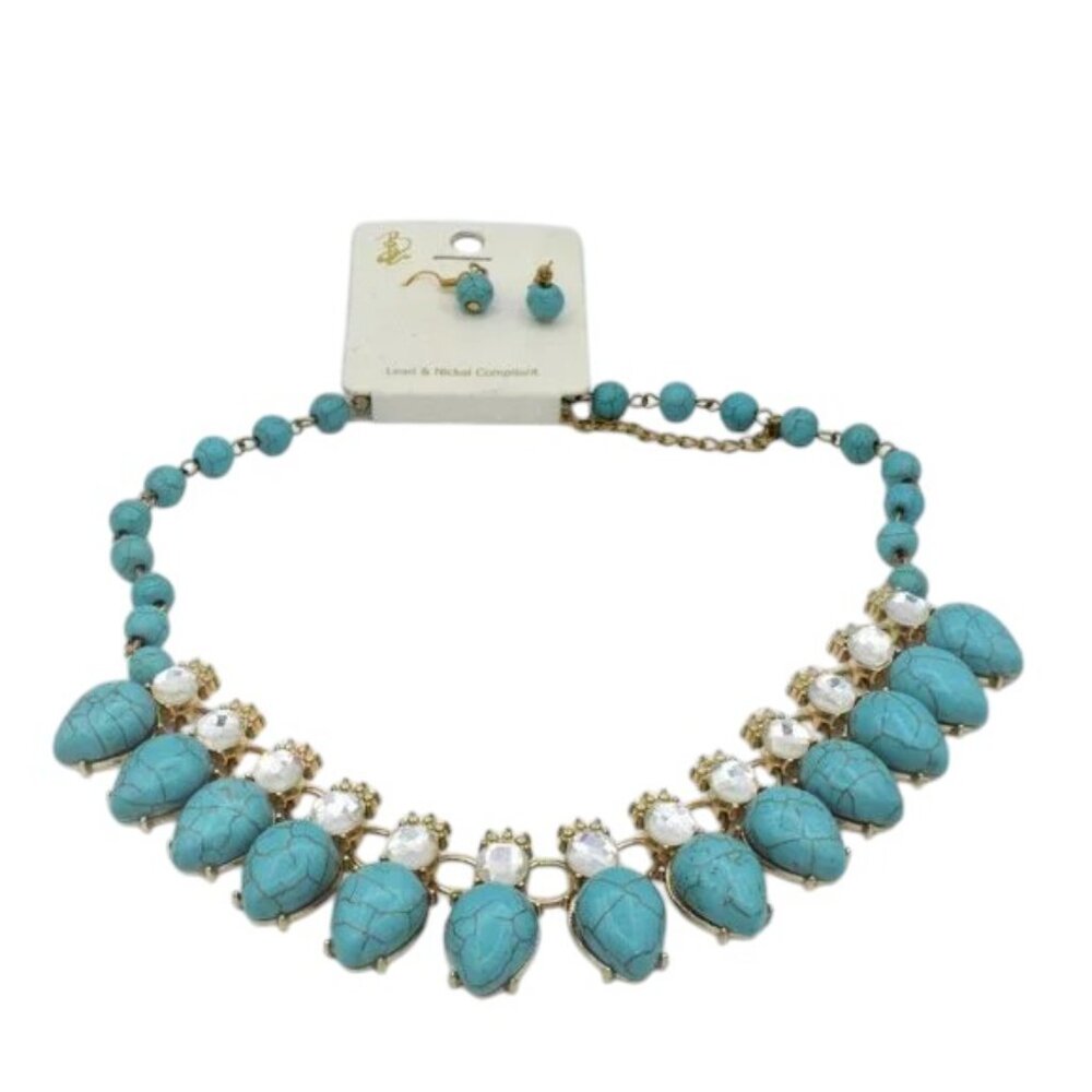 NW Faux Turquoise Rhinestone Necklace & Earring Set